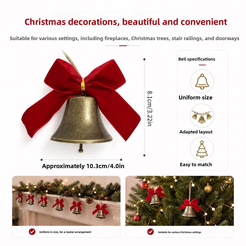 Christmas Bell Decorations Set With Red Bows And Vintage Brass Style For Holiday Tree And Staircase Decor