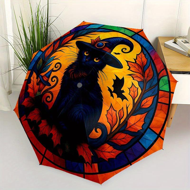 Halloween Witch Cat Stained Cute Window Panel Umbrella, Cute Umbrella with Cute Design, Portable 3-Fold Compact Umbrella for Men & Women, Valentine s