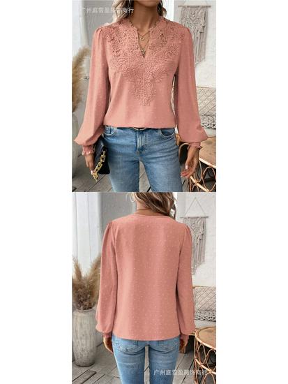 Autumn/Winter V-Neck Lace Long Sleeve Casual Solid Color Women's Top
