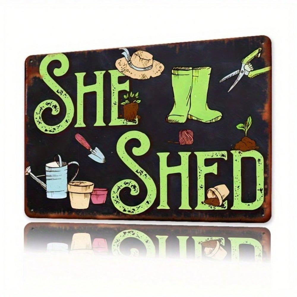 Vintage Metal Wall Art SHE SHED Sign, Rustic Iron Hanging Decor for Home Kitchen Bar Bathroom, 2D Flat