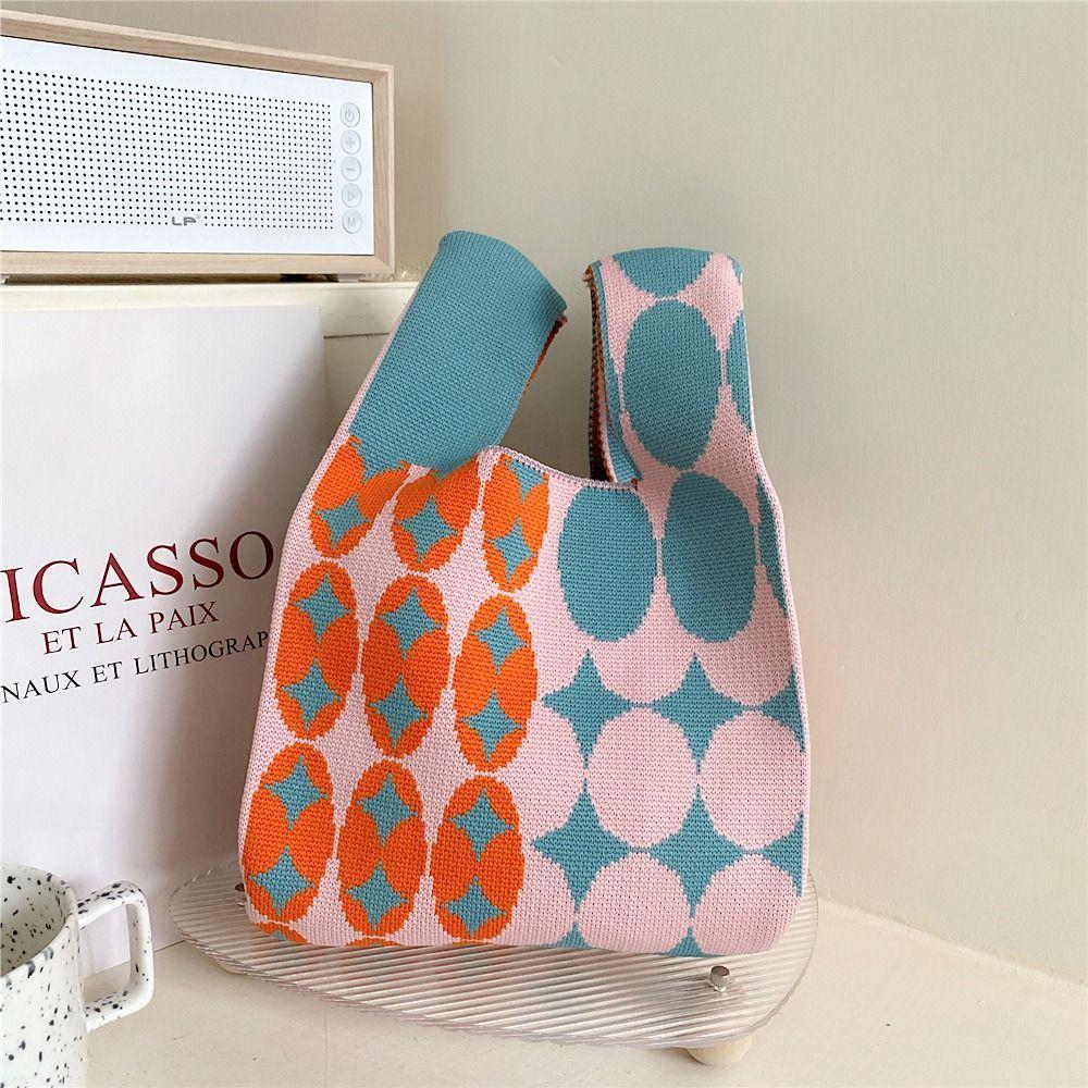 Mini Karo Strick Handtasche Nischen Design Damen Mädchen Tragetasche Handgeknüpft Knoten Handgelenk Tasche Lässig Farbe Umhängetasche Einkaufstaschen