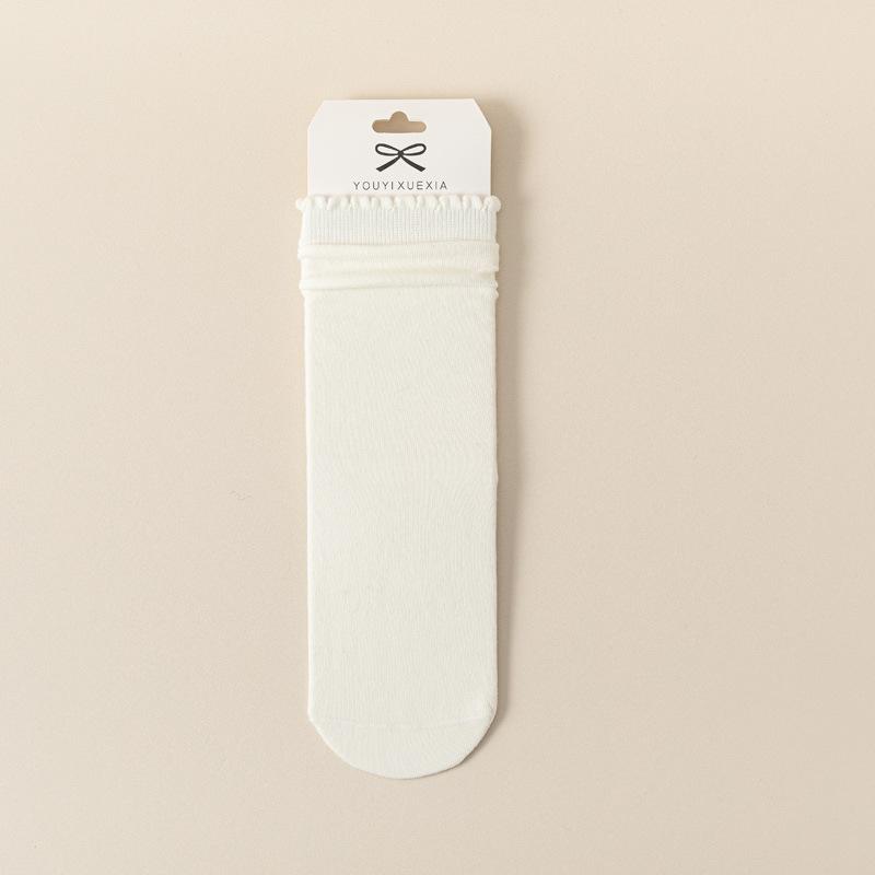 5/10 Pairs Comfortable Casual Lace Socks for Women Solid Color Flat Earring Edge Mid Calf Socks Breathable Sweat Absorbing Cotton Pile Socks