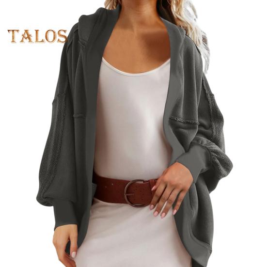 

Осень-весна Женская куртка в стиле пэчворк с капюшоном, свободный однотонный длинный рукав, ажурный кардиган, свитер, спортивная повседневная верхняя одежда для поездок на работу L серый