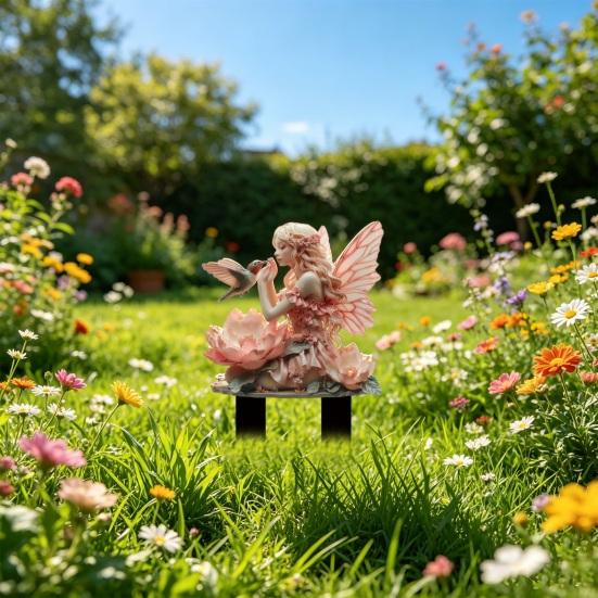 Flower Fairy Garden Stake, 2D Acrylic Fairy Garden Decoration, Waterproof Fairy Hummingbird Yard Art Stake for Lawn Balcony Flower Pot