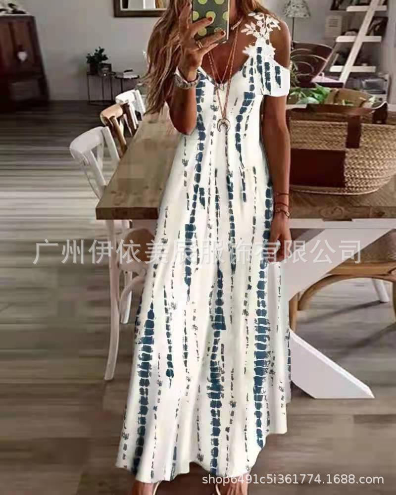 Women's summer new lace suspender v-neck fashion printed loose dress