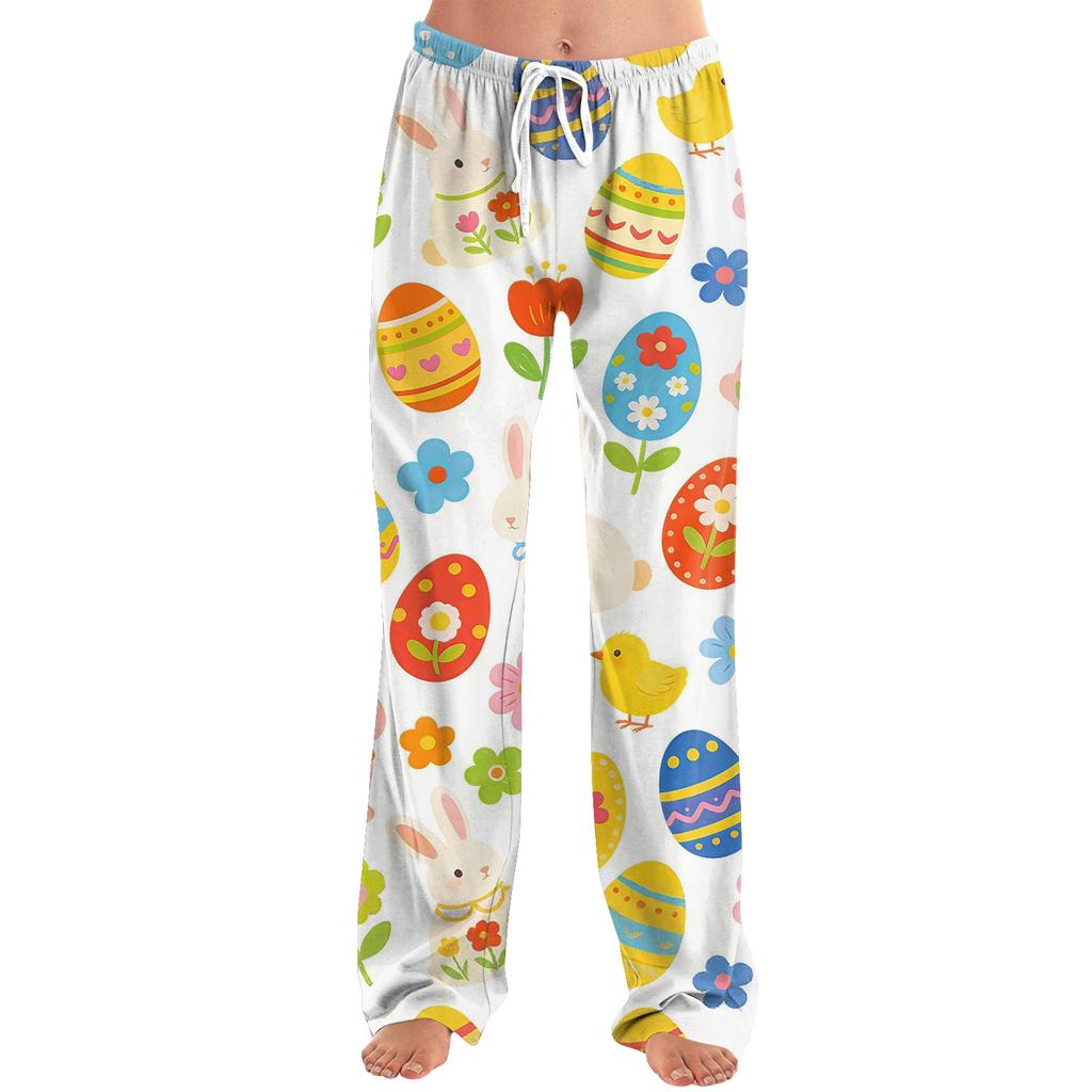 Pantaloni casual da donna alla moda, larghi, casual, con stampa di cartoni animati di Pasqua