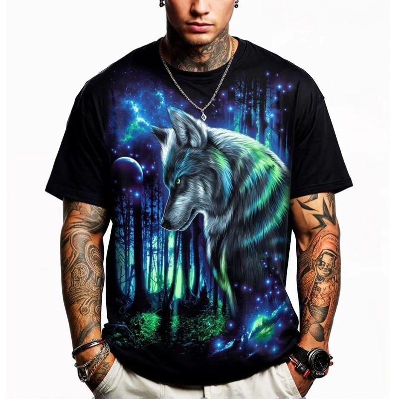 Men Giant Full Moon Mountain Lake Reflection Galaxy Starry Sky Forest Landscape Print Short Sleeve Crew Neck Casual T-shirt