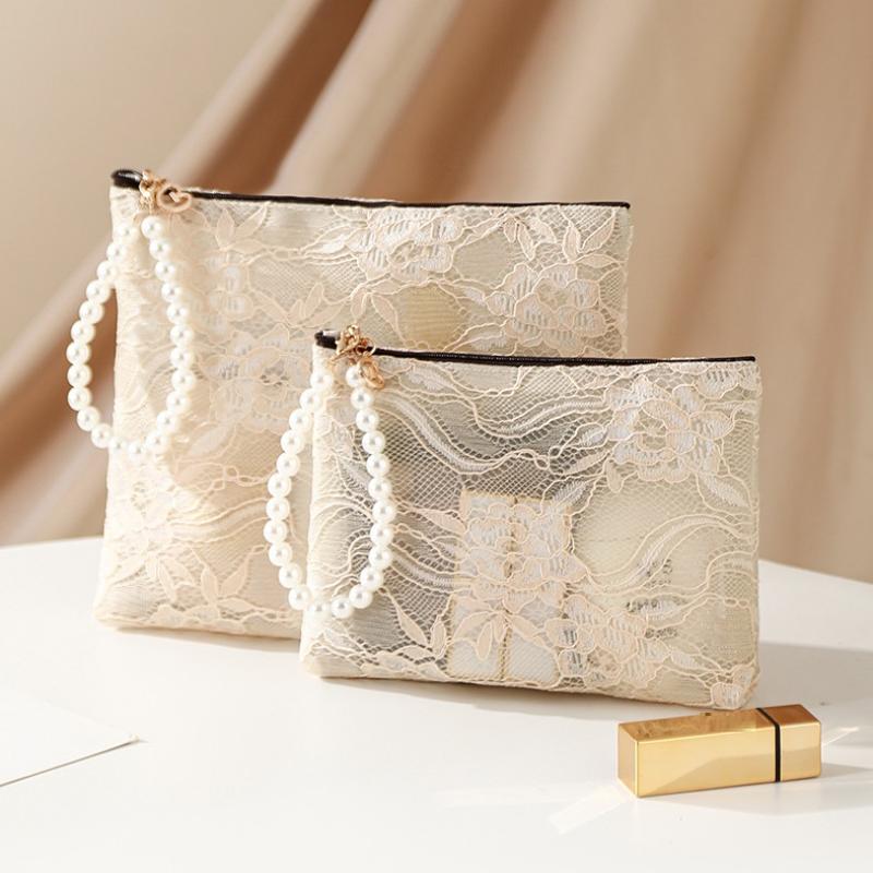Lace Cosmetic Bag With Pearl Wrist Strap And Semi Transparent Design Perfect For Daily Makeup Storage Travel Use