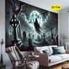 2D plane, 1 set of haunted cemetery party backdrop, featuring a full moon, ghosts, crows and skeletons