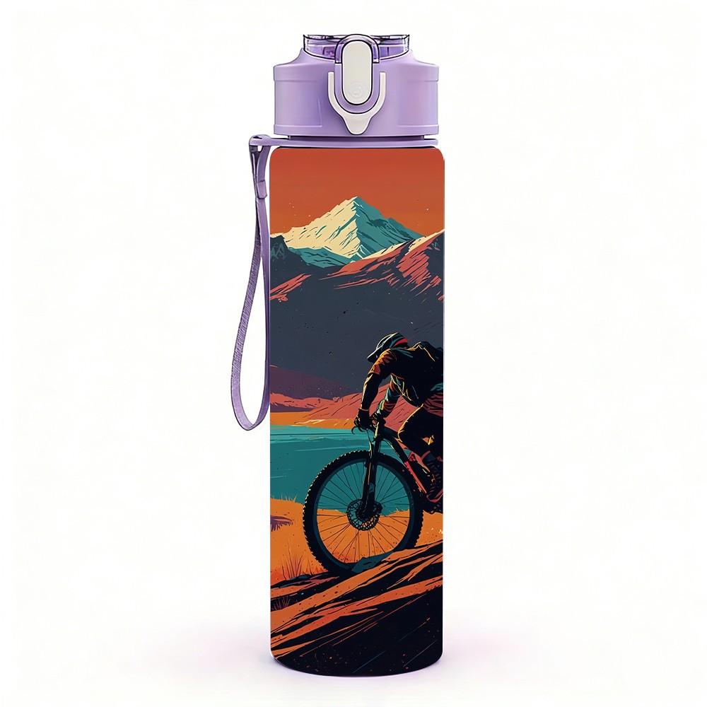 1PC Mountain Biking Cycling Scenery Print 750ml Color Plastic Sports Water Bottle Leakproof Flip Straw Lid Suitable for Sports Office Home Use