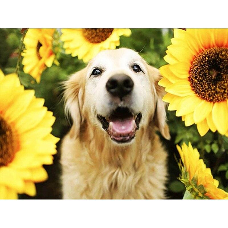 New 5D DIY Diamond Painting Dog Flower Diamond Embroidery Animal Cross Stitch Full Round Drill Home Decor Manual Art Gift