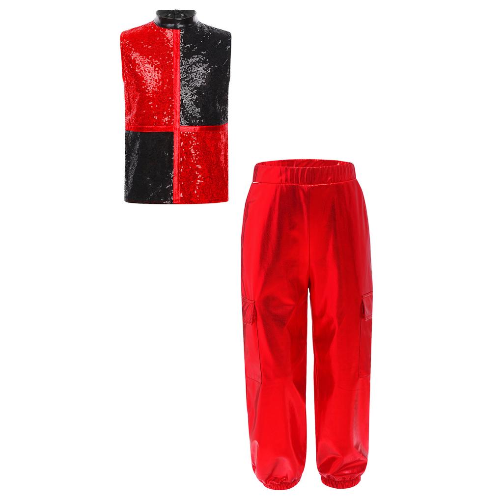 Costume da Danza Jazz Metallico per Ragazzo Collo Alto Senza Maniche Zip Posteriore Paillettes Lucide Blocco di Colore Top Pantaloni Cargo