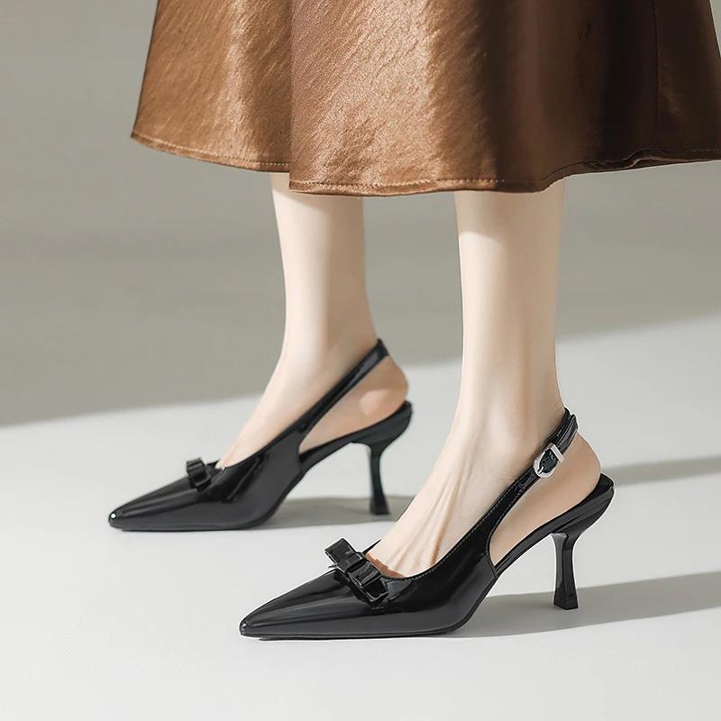 2025 Modern Office Shoes for Women Black Wedding Slingback Pointed Toe Butterfly Decoration Female High Heeled Sandals