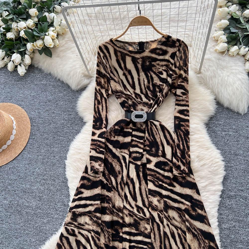 Chic sexy print mesh Ruched dress long sleeve Fairy Casual A-line autumn winter  Vestidos Women Party dress