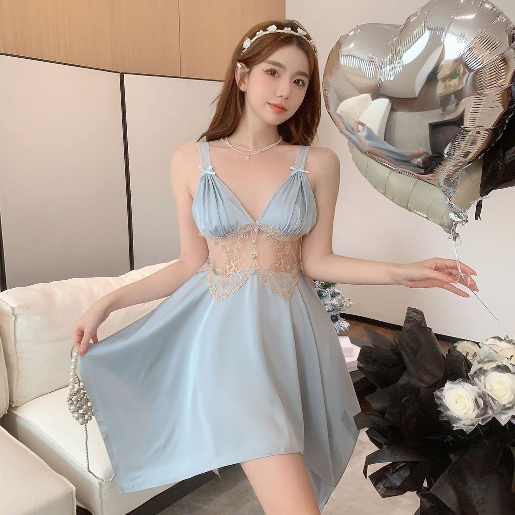 Sexy Pajamas Women Ice Ribbon Chest Pad Summer Pure Desire Wind Deep V Beauty Back Mesh Lace Large Skirt Suspender Pajamas