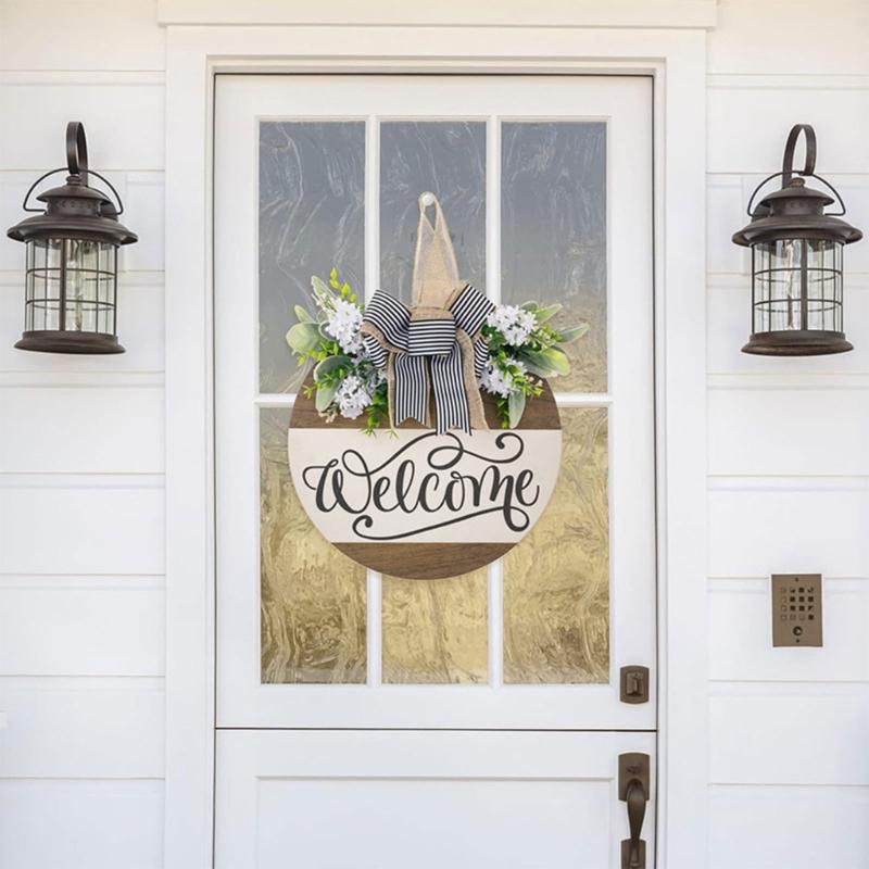 Holz Willkommensschild Blumengirlande Anhänger zur Aufhängung für Haustür Wand Gartenbrett mit Schleifendekorationen