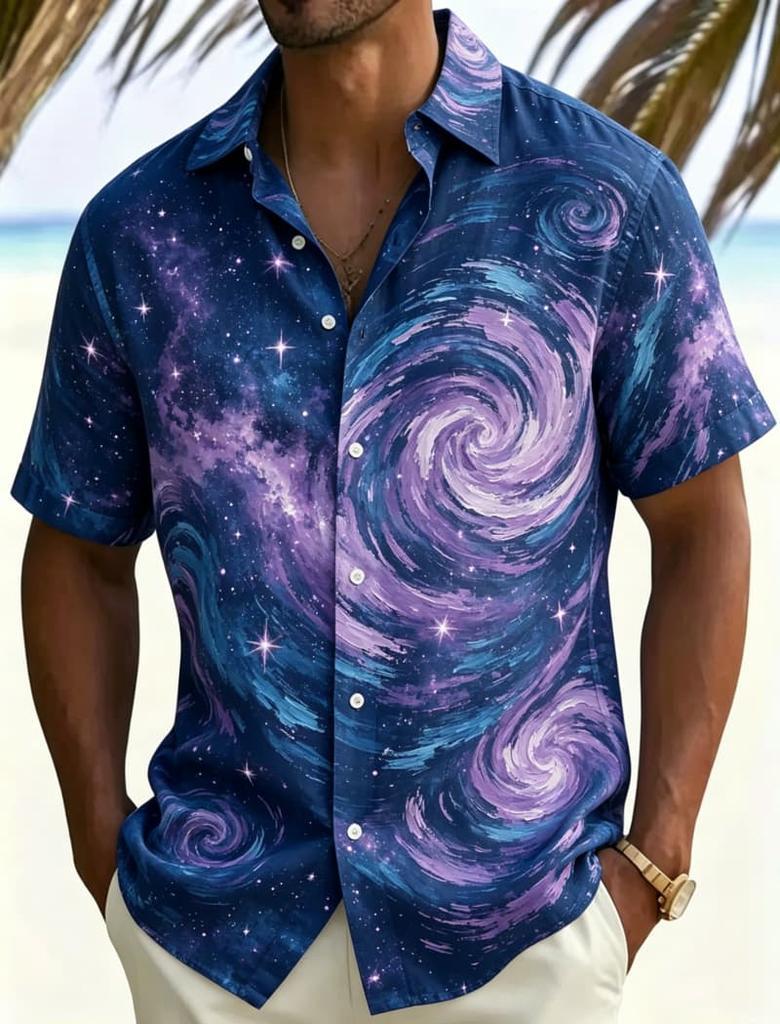 Fashionable Tie Dye Printed Short Sleeved Shirt For Men's Casual Loose Top, Versatile For Daily Street And Beach Vacations