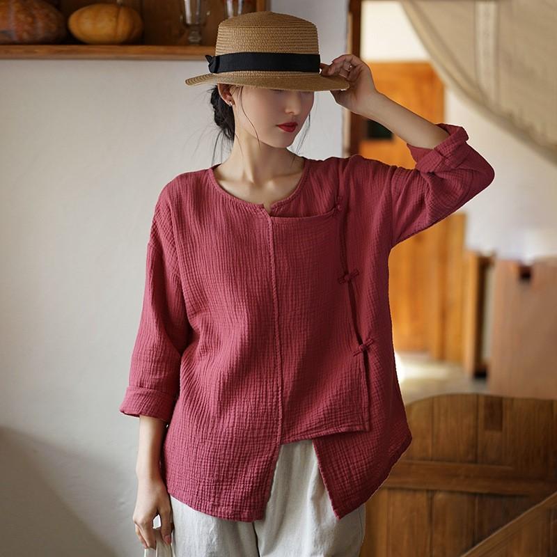 Johnature Kvinner Vintage bomullsskjorter Topper V-hals Langermet vårbluser Ensfarget knappe skjorter i kinesisk stil