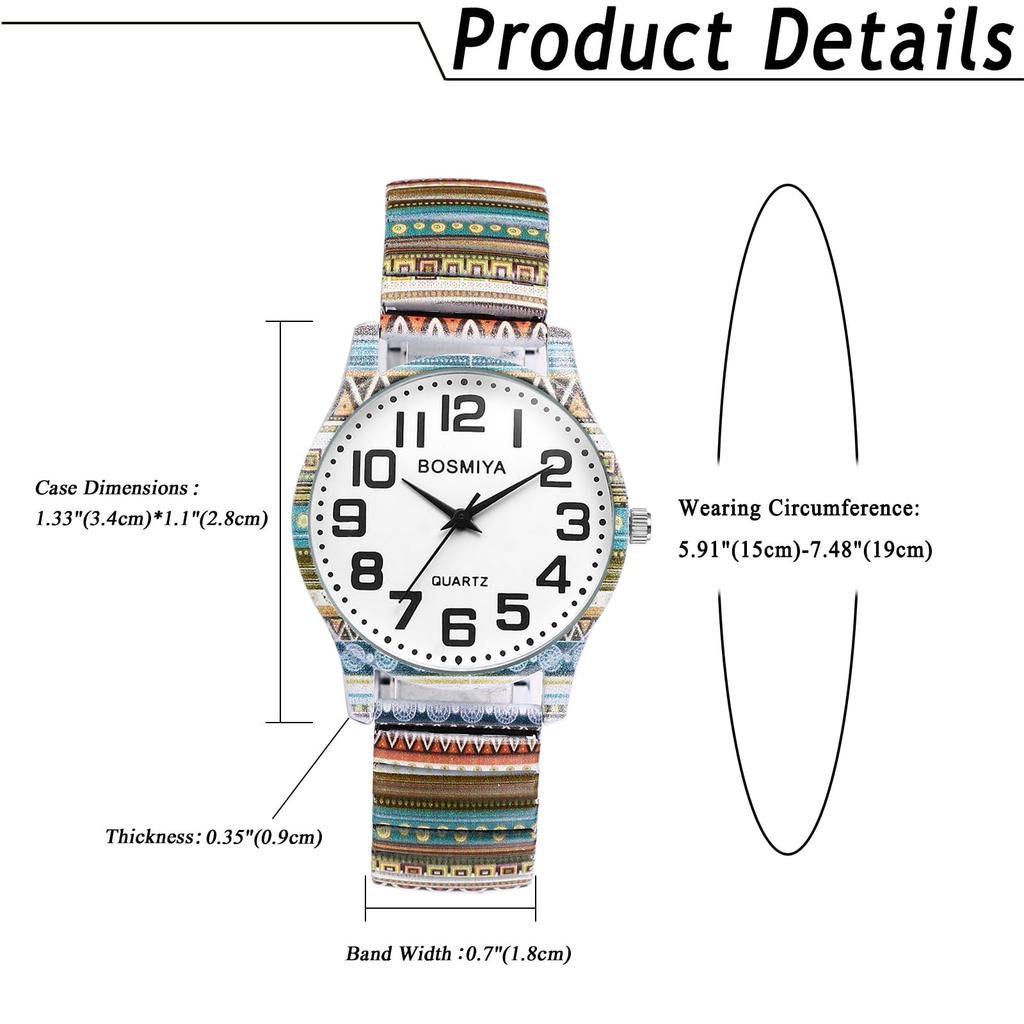 Bohemian Watch with Flexible Patterned Elastic Arabic Floral Quartz Stainless Analog Ethnic Perfect for and Parties Women's Band, Strap, Numerals,