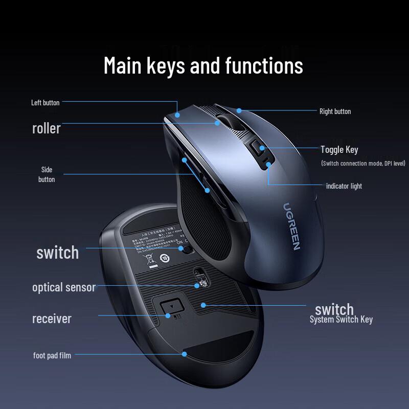 UGREEN Wireless Bluetooth Dual Mode Silent Ergonomic Mouse