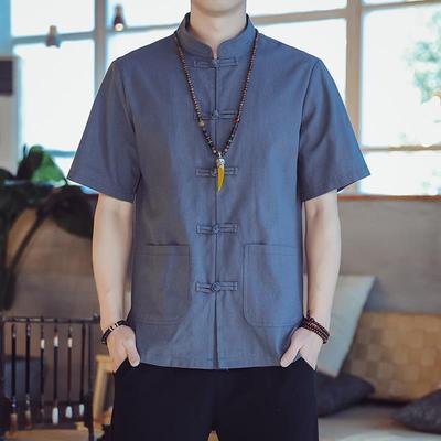 Sommer-Tang-Anzug für Herren: Lockerer Stehkragen, Hanfu Zhongshan im chinesischen Stil mit kurzen Ärmeln aus Baumwolle und Leinen