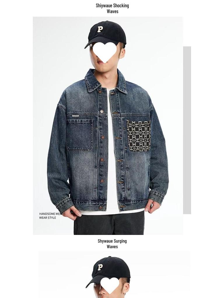 Men's Autumn Patchwork Denim Jacket: Precision Embroidery, Loose Fit, Plus Size Workwear Design.