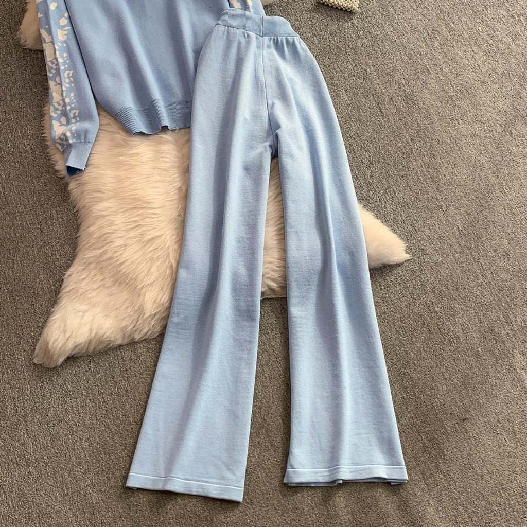 Autumn Winter Women Vintage Print Knitted Sweater Trouser Two Piece Set Full Sleeve Cardigan Tops and Drawstring Wide Leg Pant Suit