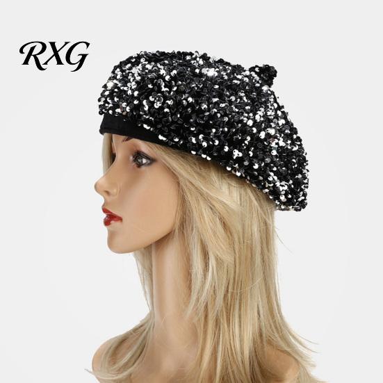 Vielseitiges Outfit-Accessoire Damen Pailletten-Barett, Funkelnde Retro-Künstlerkappe, Stilvolle Lässige Reisekappe Verstellbare Malerhaube für Straßenfest Täglich