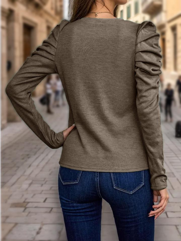 2024 Women's High-Elastic Cashmere Round Neck Slim Fit Puff Sleeve Long Sleeve Top for Autumn and Winter