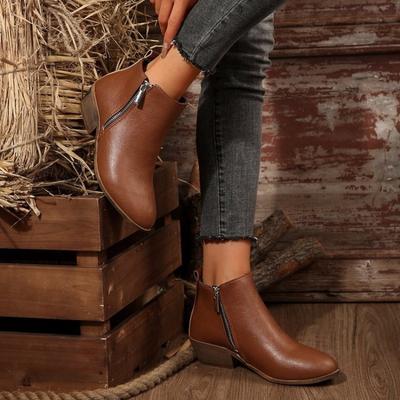 Damen spitze knöchelhohe Distressed Martin Boots mit klobigem Absatz, Reißverschluss an der Seite, Lederstiefel, Übergröße Herbst Winter Schuhe