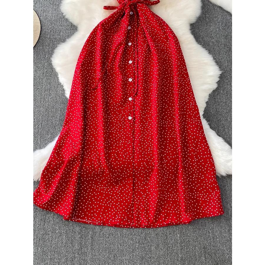 Summer Women Polka Dot Long Dress Vintage V-Neck Flying Sleeve High Waist Single Breasted A-Line Casual Vestidos Female Robe New