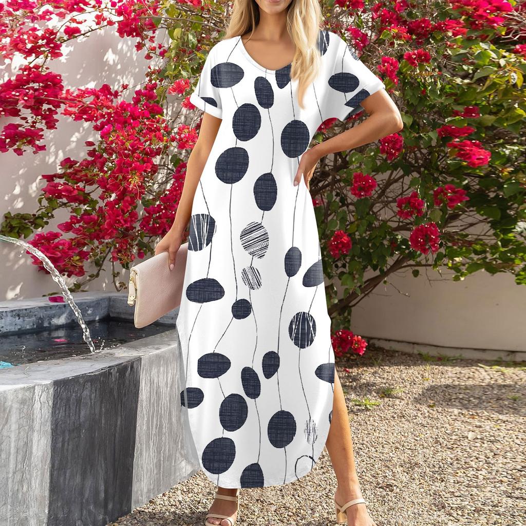 Dámské letní šaty s volným výstřihem do V, krátkým rukávem, plážové maxi dlouhé šaty Trendy outfity