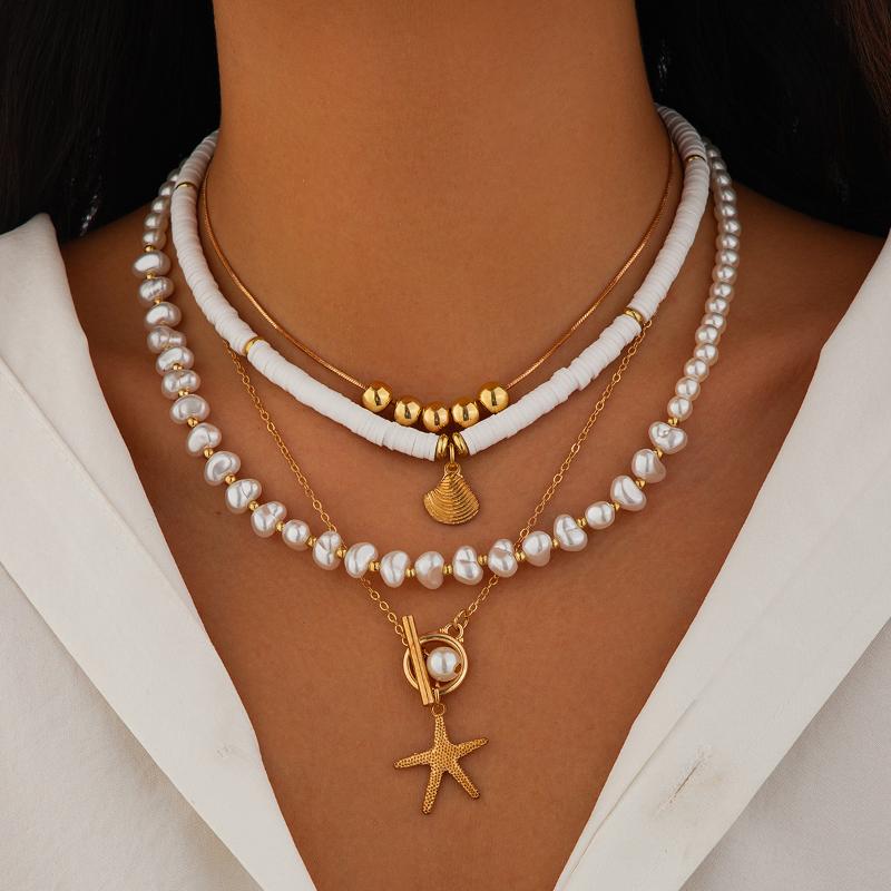 Beach Beaded Necklace Imitation Pearl Necklace Starfish Shell Retro Holiday Resin