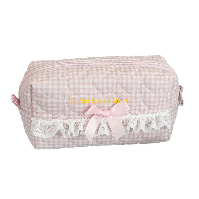 W89C High Capacity Pencil Case Lace Cotton Pen Pouches Multipurpose Pencil Organiser розовый