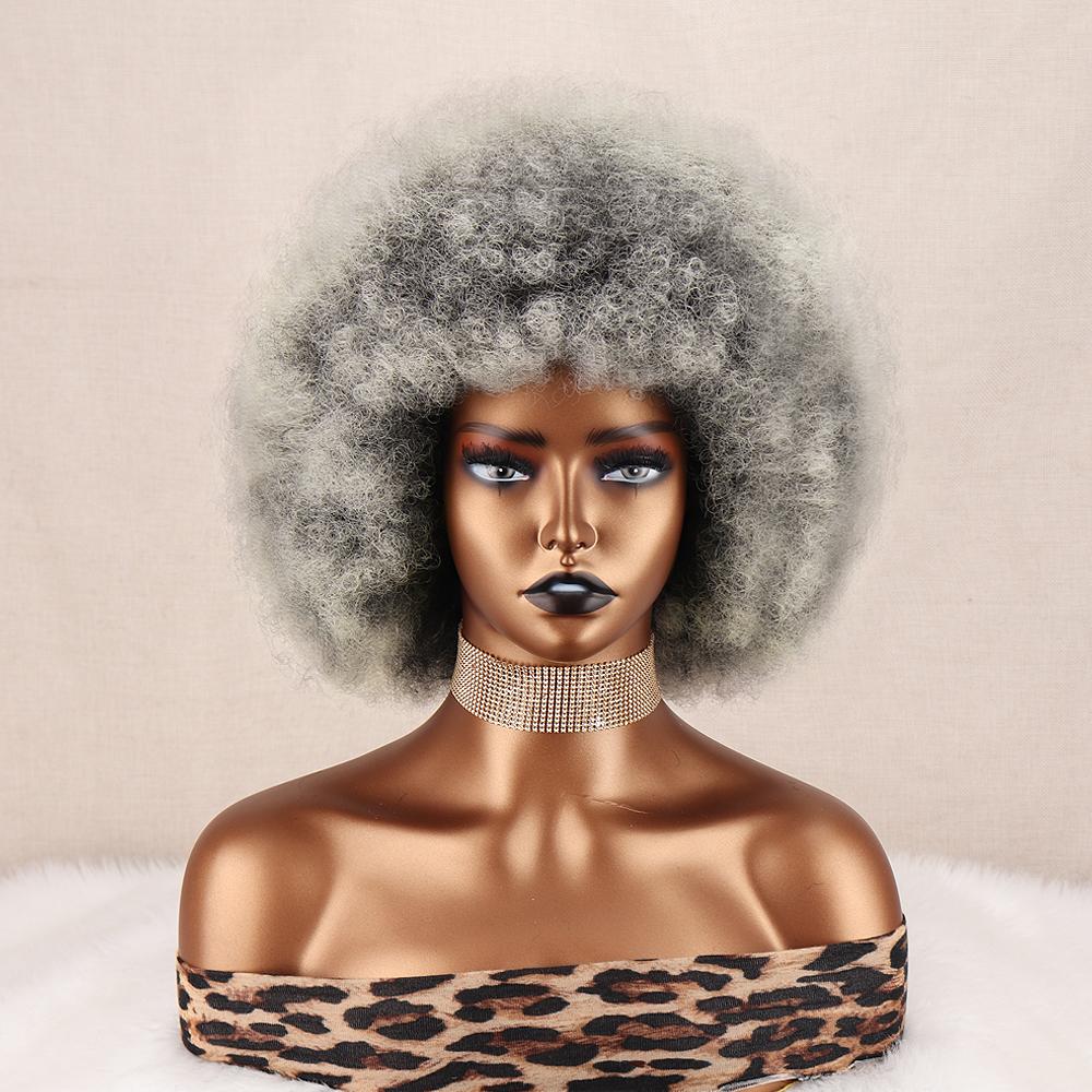MISSQUEEN Grey Afro Women Puff Kinky Curly Wig Synthetic Fiber Natural Fluffy Gray Curly Cosplay Daily Wear Wig for African