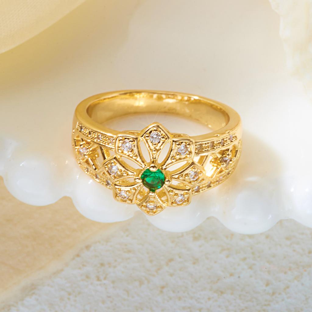 Grüne Zirkonia Hohlblumenringe für Damen Elegante Goldfarbe Geometrische CZ-Ringe Hochzeits-Jubiläums-Schmuckgeschenk