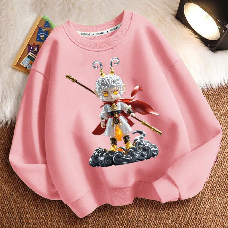 Cute Black Mythological Wukong Round-neck Hoodie for Children, Fashionable Long-sleeved Hoodie for Boys and Girls In Spring and Autumn