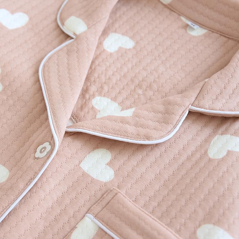 Autumn/Winter Women's Pure Cotton Long-sleeve Homewear Set - Thickened Air Layer for Warmth