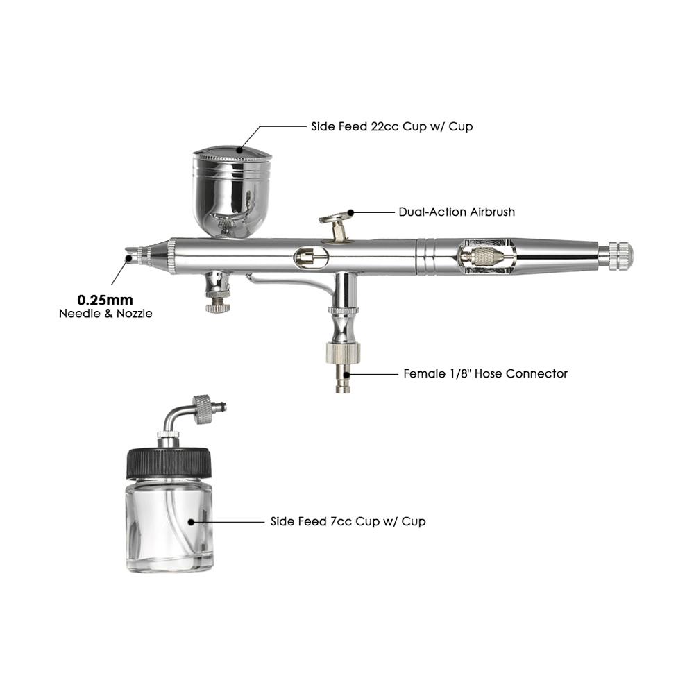 KKmoon Professional Multi Purpose Side Feed Dual Action Airbrush Kit Set Adjustable Air Control 0.25mm 7cc & 22cc