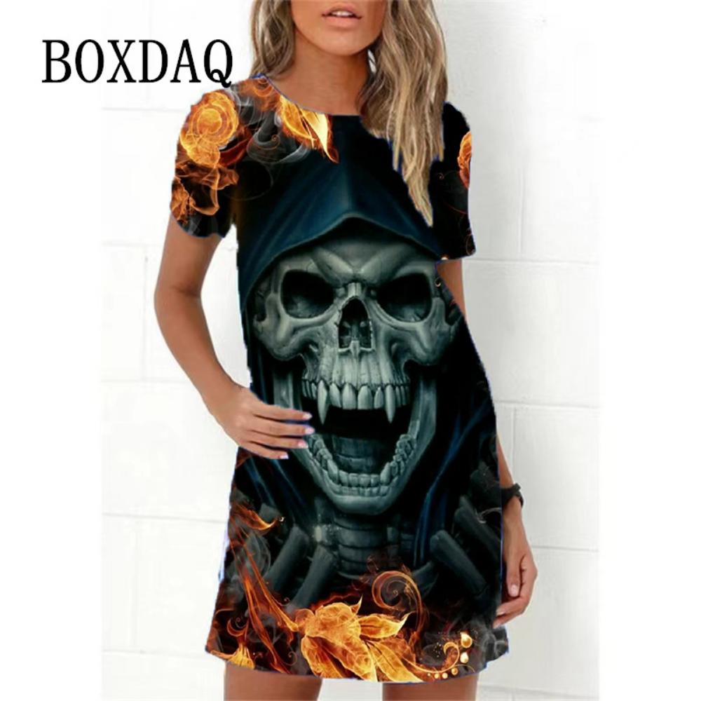 Mode Totenkopf 3D-Druck Damenkleid Lustiges Horror-Muster Lässiges A-Linien-Kleid Sommer 2026 Neu Kurzarm O-Ausschnitt Damen Sommerkleid