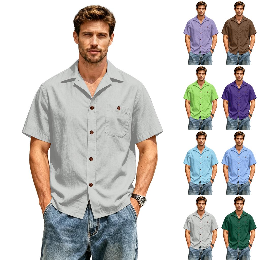 Men's Casual Short Sleeve Shirt Cotton Linen Blend Button Down Collar Lightweight Summer Top Beachwear