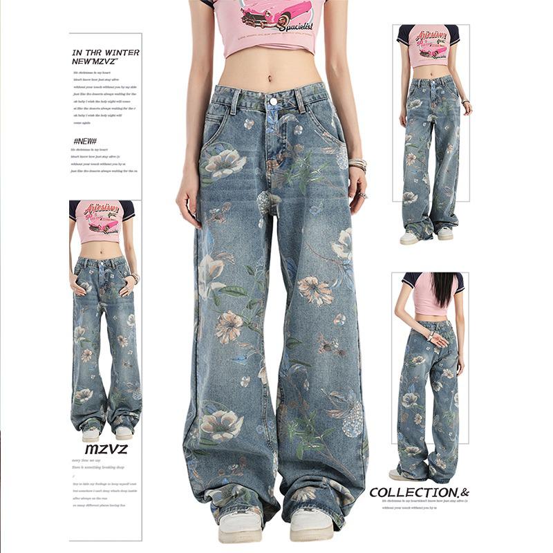 Women's High Waist Floral Print Denim Jeans - Summer 2024 Collection, Straight Wide Leg Slimming Fit.