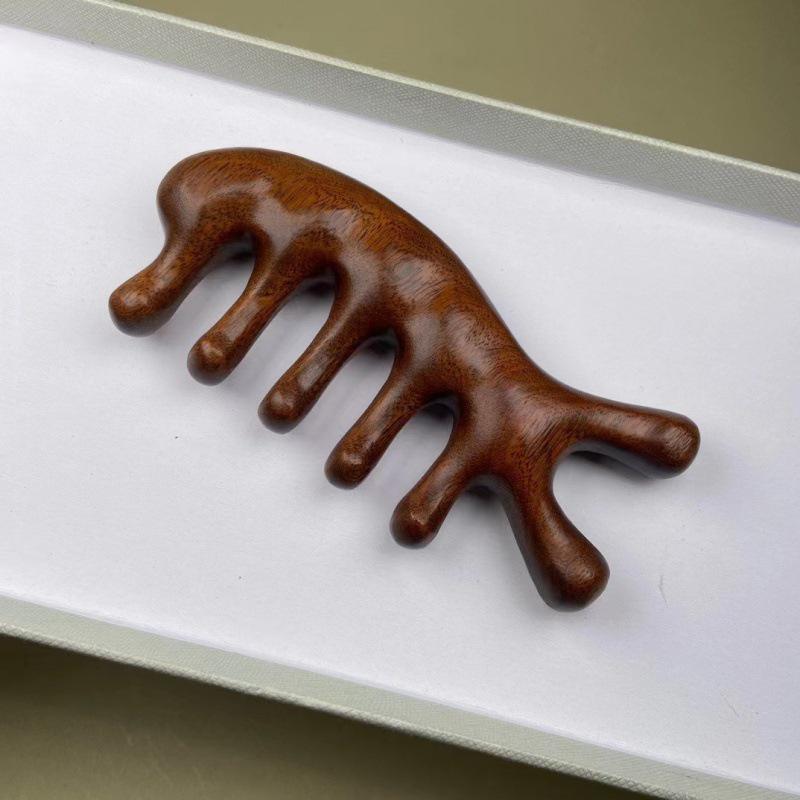 Rosewood Rhino Horn Head Meridian Massage Comb - Five-Clawed Small Hair Care & Scalp Comb for Women About 11.5 cm