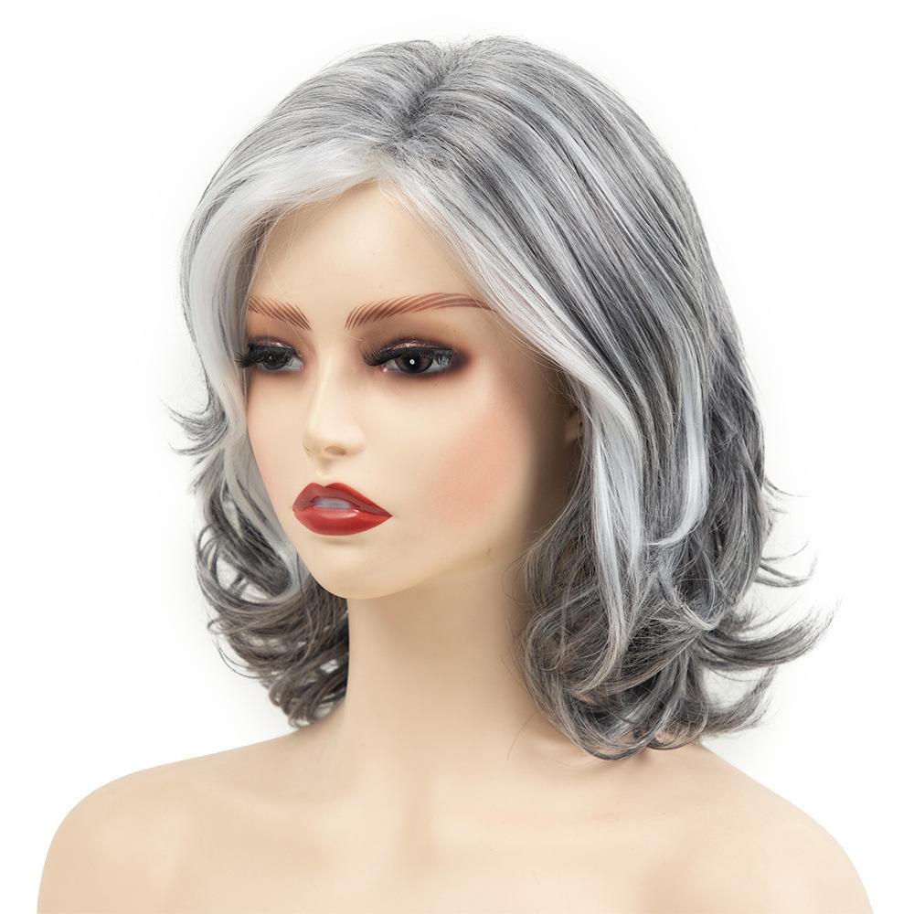 Synthetic Black Gray Wigs Natural Shoulder Length Wave Hair for Women Cosplay Daily Use Heat Resistant Fibre