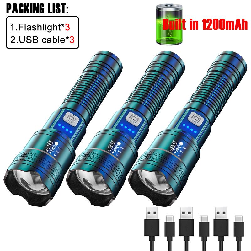 Super Bright P120 LED Flashlight Strong Light USB Rechargeable Zoom Torch Lamp With Power Display Multifunction Camping Lantren