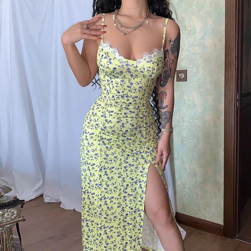 Small Floral Slit Sexy Suspender Dress Floral Split Sexy Sling One-Piece Dress