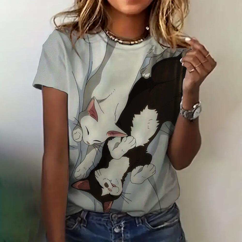 Abbigliamento Donna Stampa Gatto Anime Girocollo Manica Corta Estivo Ampio Casual Top Appuntamento Elegante
