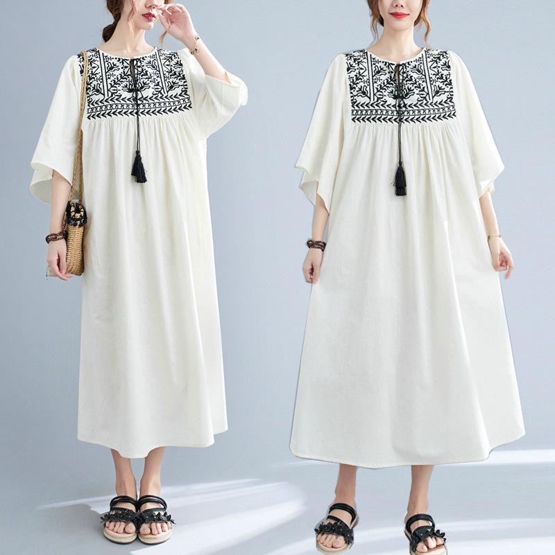 2025 Summer Plus Size Elegant Women's Ethnic Embroidery Ruffle Sleeve Dress