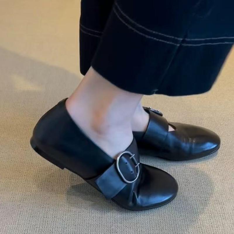 Ins style Metal Buckle Mary Janes Women Ballet Flats Comfor Soft Sole Leather Spring Autumn Lazy Dance Loafers Shoes