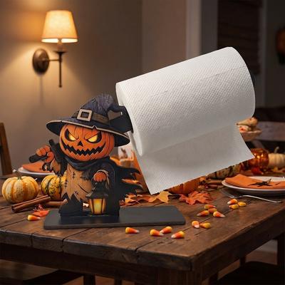 Halloween Cat Ghosts Pumpkin Skeleton Wooden Tissue Roll Holder Storage Rack Home Restaurant Tabletop Decoration Tissue Holder